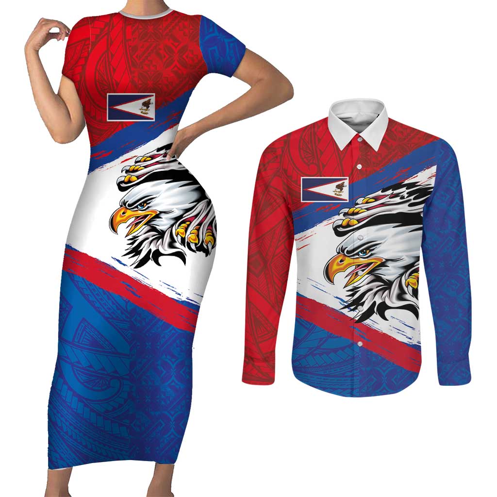 American Samoa Flag Day Couples Matching Short Sleeve Bodycon Dress and Long Sleeve Button Shirt Polynesian Art Geometric with Flag Brush Style