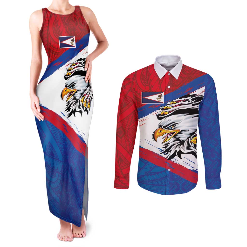 American Samoa Flag Day Couples Matching Tank Maxi Dress and Long Sleeve Button Shirt Polynesian Art Geometric with Flag Brush Style