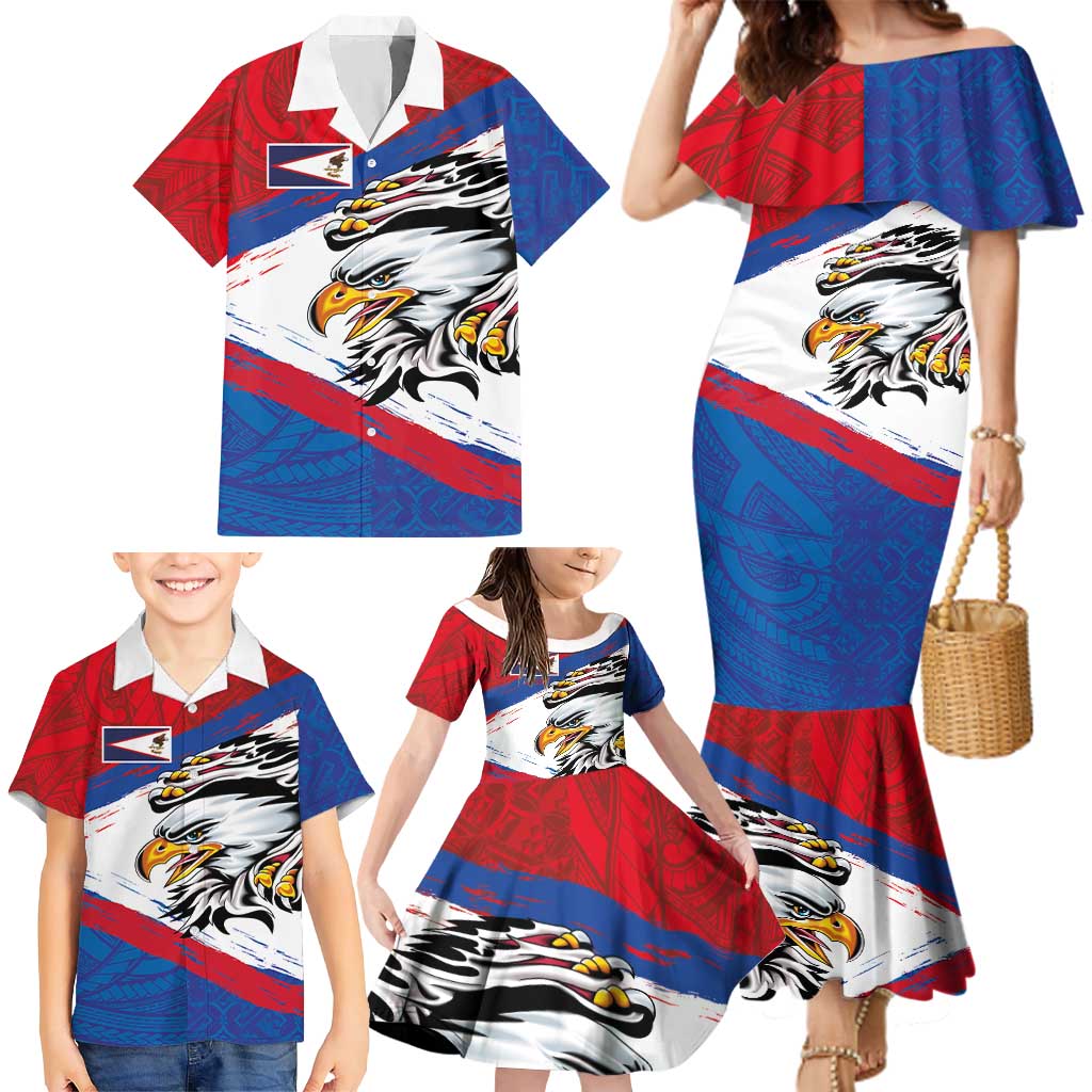 American Samoa Flag Day Family Matching Mermaid Dress and Hawaiian Shirt Polynesian Art Geometric with Flag Brush Style