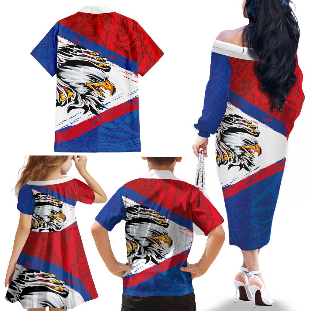 American Samoa Flag Day Family Matching Off The Shoulder Long Sleeve Dress and Hawaiian Shirt Polynesian Art Geometric with Flag Brush Style