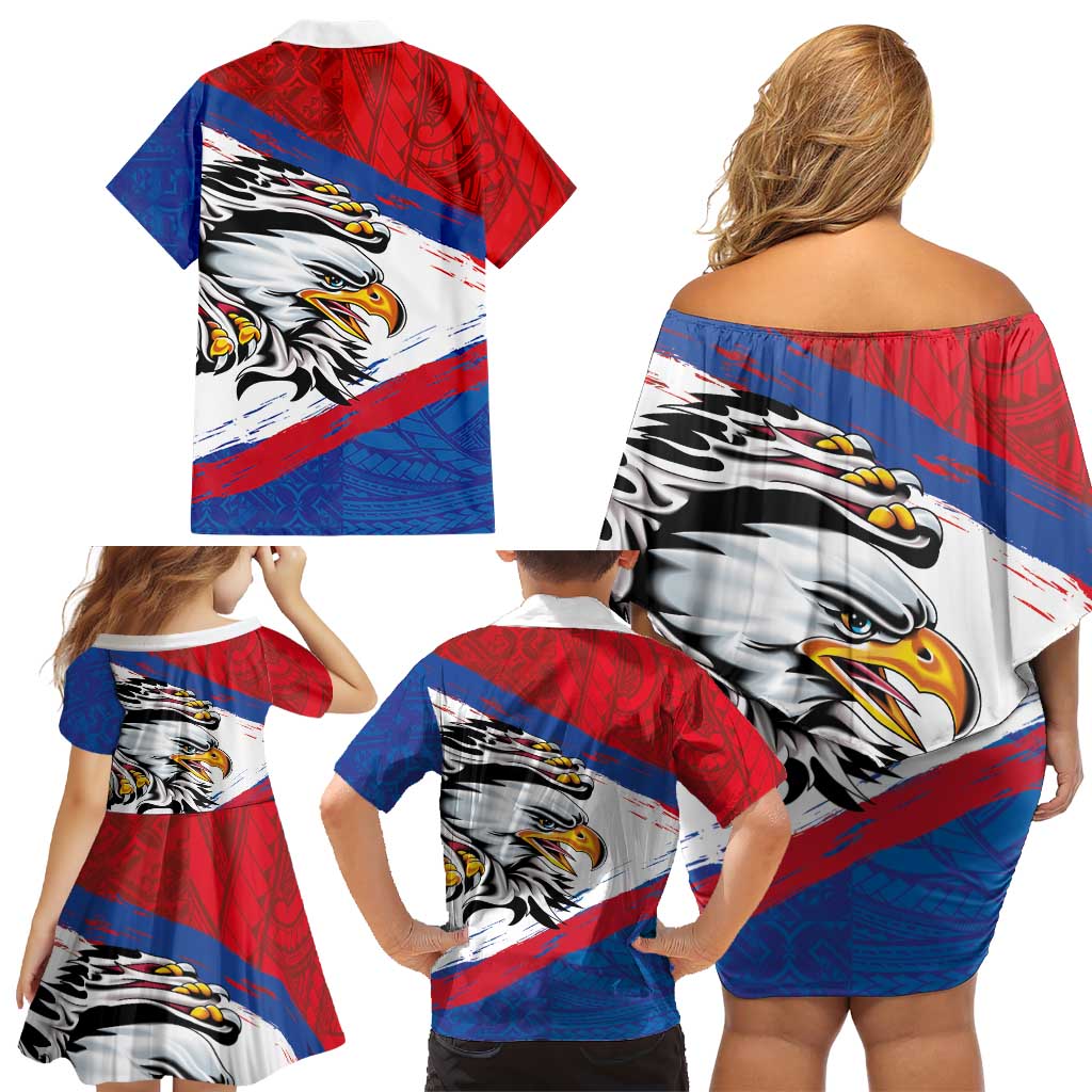 American Samoa Flag Day Family Matching Off Shoulder Short Dress and Hawaiian Shirt Polynesian Art Geometric with Flag Brush Style