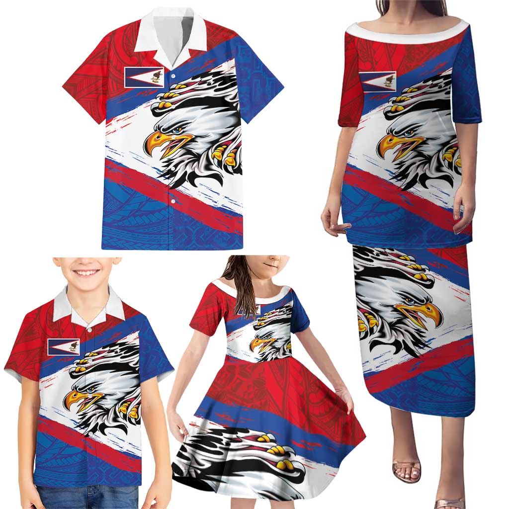 American Samoa Flag Day Family Matching Puletasi and Hawaiian Shirt Polynesian Art Geometric with Flag Brush Style