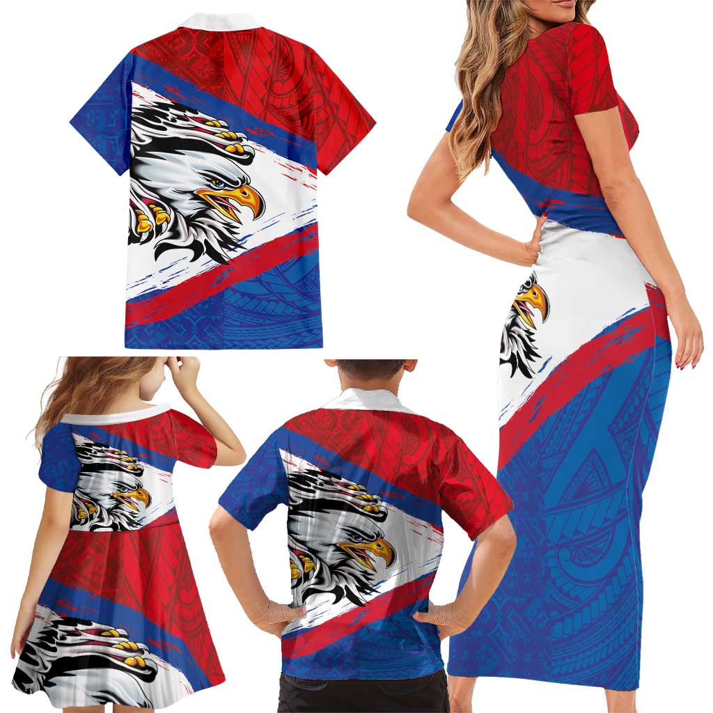 American Samoa Flag Day Family Matching Short Sleeve Bodycon Dress and Hawaiian Shirt Polynesian Art Geometric with Flag Brush Style