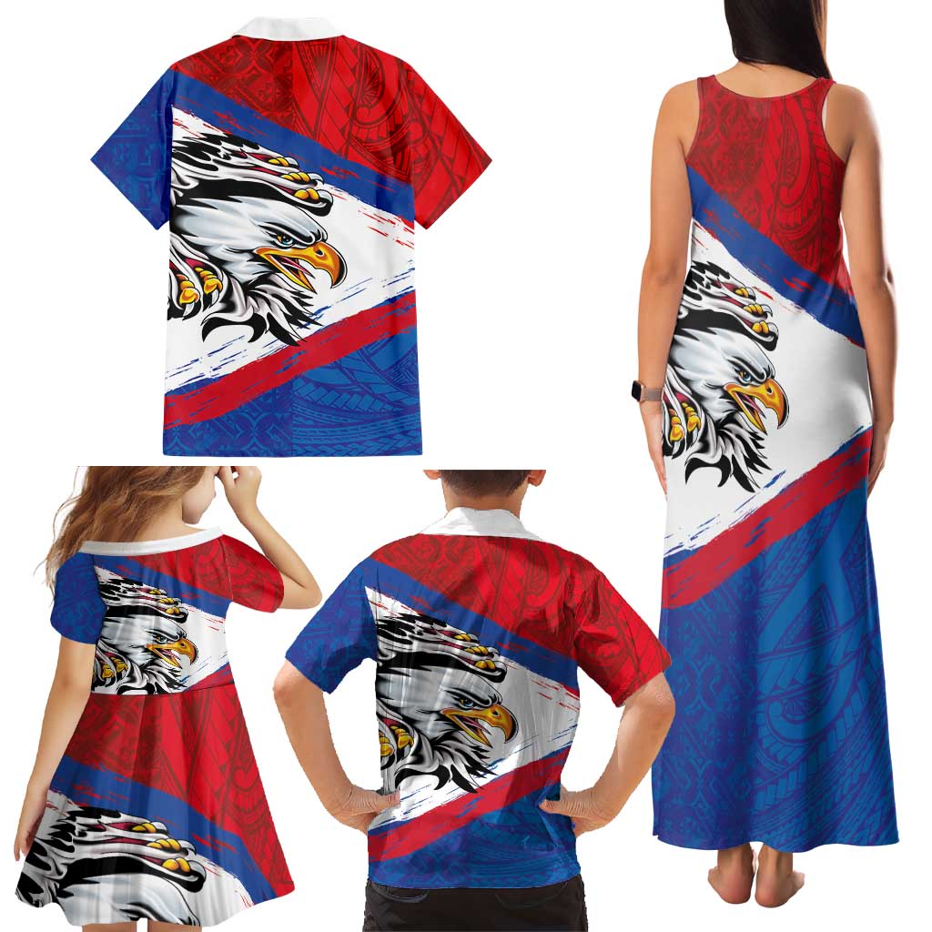American Samoa Flag Day Family Matching Tank Maxi Dress and Hawaiian Shirt Polynesian Art Geometric with Flag Brush Style