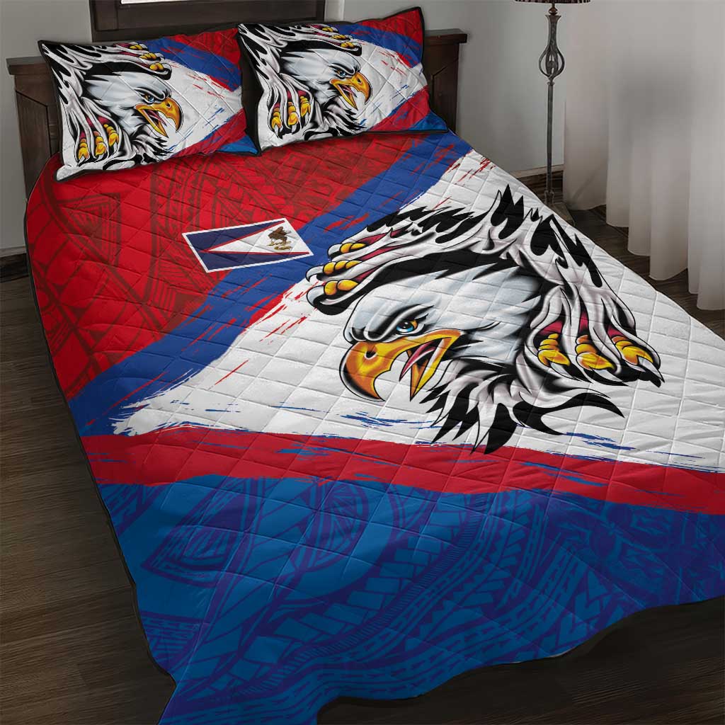 American Samoa Flag Day Quilt Bed Set Polynesian Art Geometric with Flag Brush Style