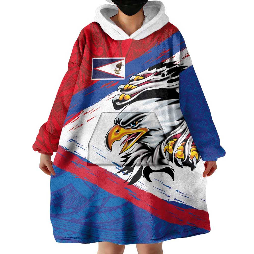 American Samoa Flag Day Wearable Blanket Hoodie Polynesian Art Geometric with Flag Brush Style