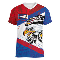 American Samoa Flag Day Women V-Neck T-Shirt Polynesian Art Geometric with Flag Brush Style LT03 Female Multicolor - Polynesian Pride