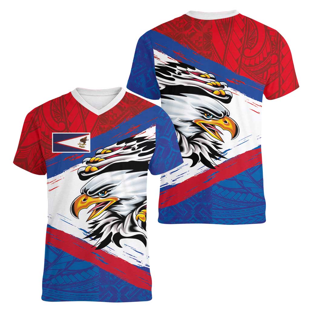 American Samoa Flag Day Women V-Neck T-Shirt Polynesian Art Geometric with Flag Brush Style LT03 - Polynesian Pride