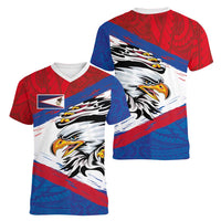 American Samoa Flag Day Women V-Neck T-Shirt Polynesian Art Geometric with Flag Brush Style LT03 - Polynesian Pride