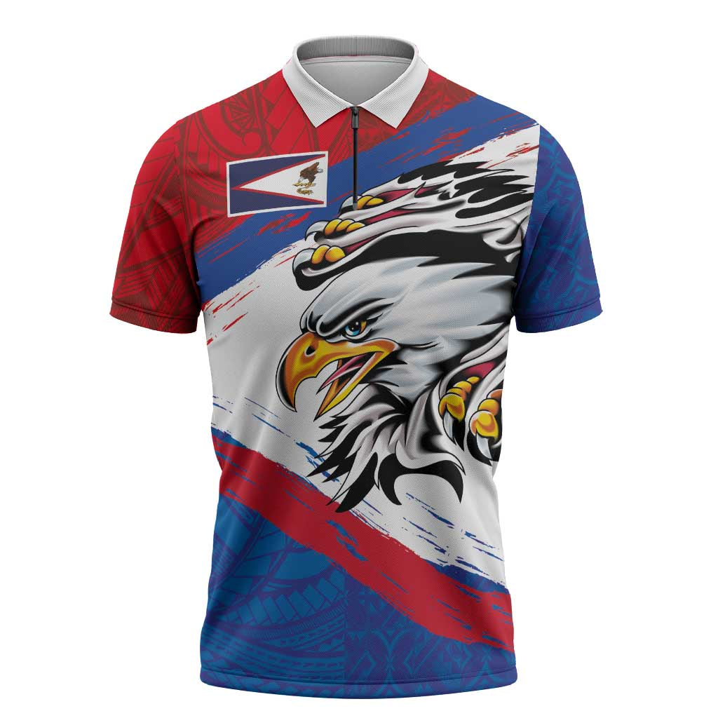 American Samoa Flag Day Zipper Polo Shirt Polynesian Art Geometric with Flag Brush Style
