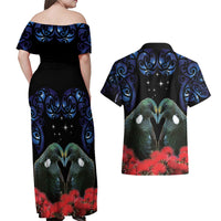 New Zealand Maori Matariki Couples Matching Off Shoulder Maxi Dress and Hawaiian Shirt Hongi Tui Bird Pohutukawa and Polynesia Tribal