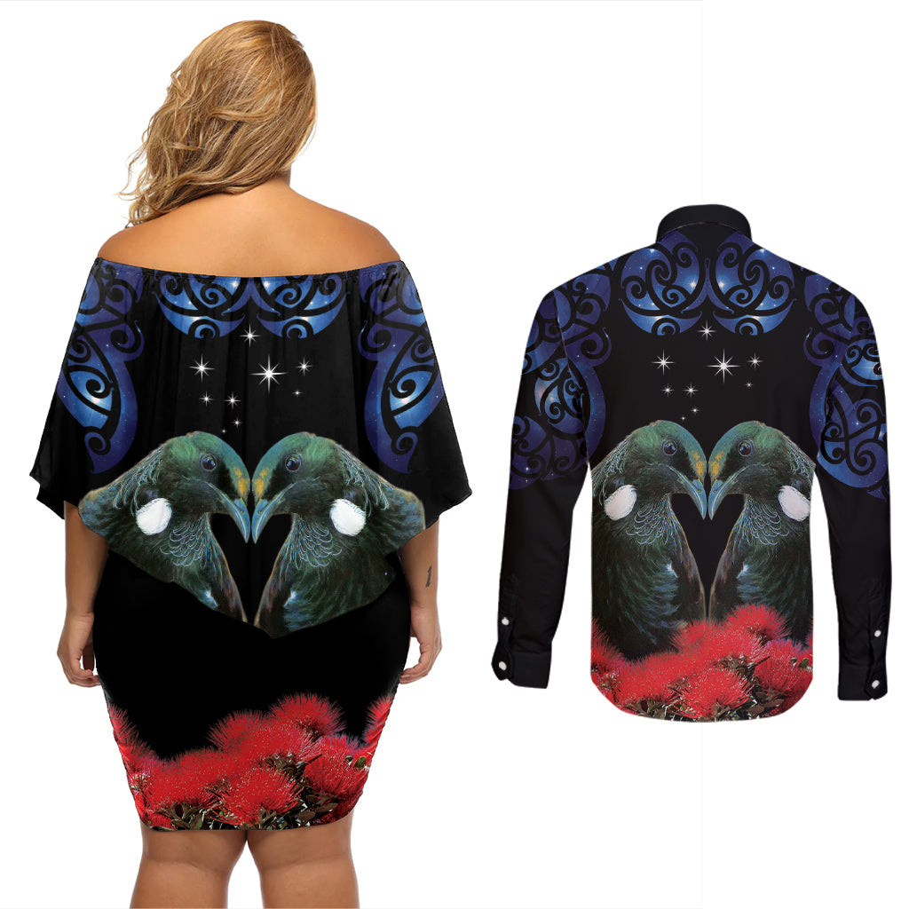 New Zealand Maori Matariki Couples Matching Off Shoulder Short Dress and Long Sleeve Button Shirt Hongi Tui Bird Pohutukawa and Polynesia Tribal