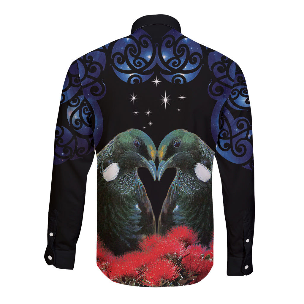 New Zealand Maori Matariki Long Sleeve Button Shirt Hongi Tui Bird Pohutukawa and Polynesia Tribal