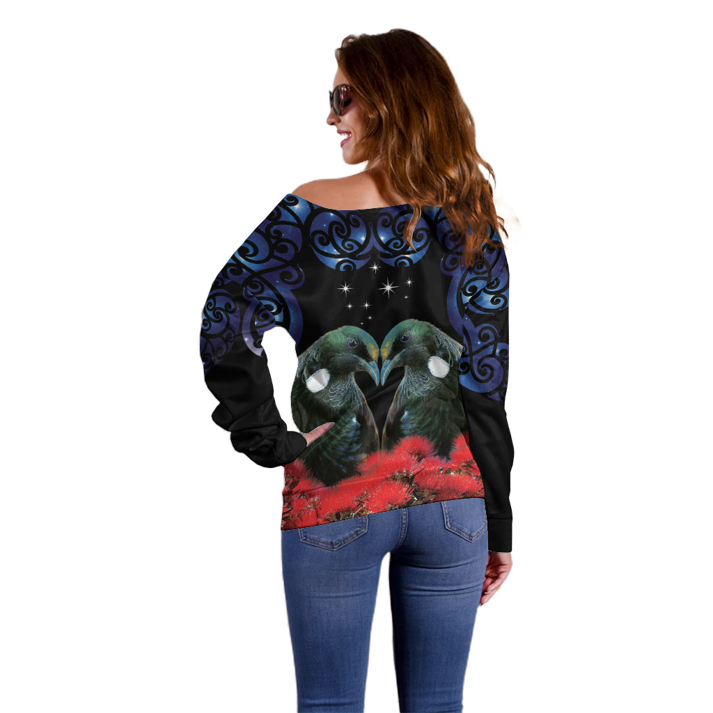 New Zealand Maori Matariki Off Shoulder Sweater Hongi Tui Bird Pohutukawa and Polynesia Tribal