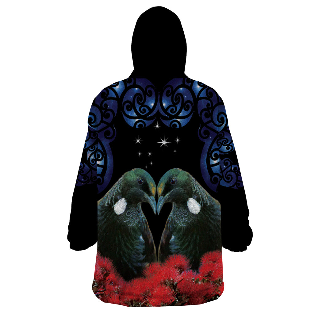 New Zealand Maori Matariki Wearable Blanket Hoodie Hongi Tui Bird Pohutukawa and Polynesia Tribal