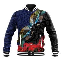 New Zealand Maori Hongi Culture Baseball Jacket Tui Bird Pohutukawa and Polynesian Pattern