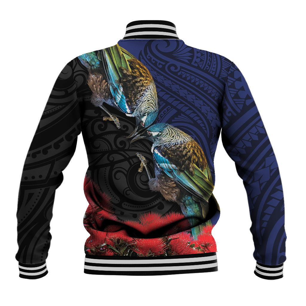 New Zealand Maori Hongi Culture Baseball Jacket Tui Bird Pohutukawa and Polynesian Pattern