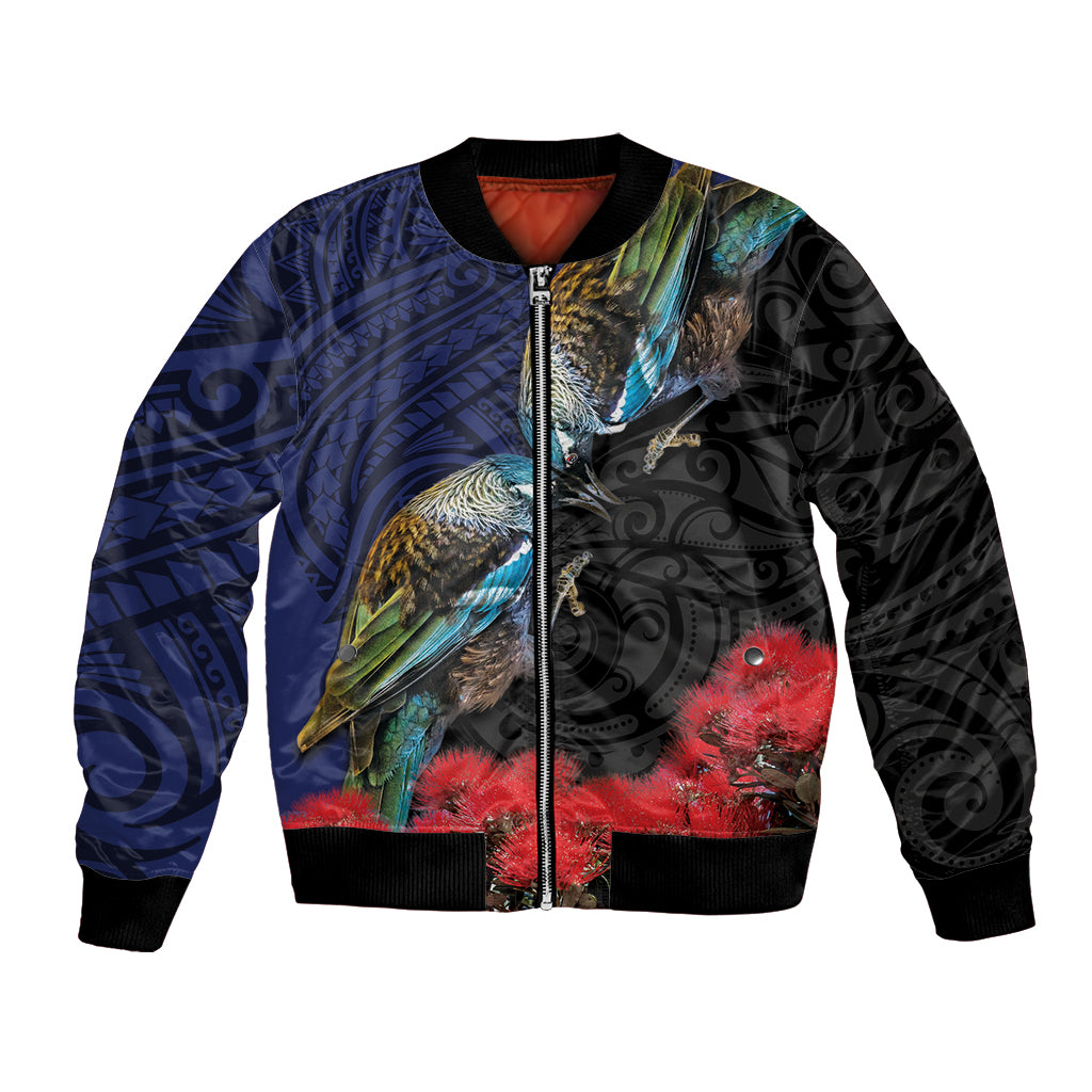 New Zealand Maori Hongi Culture Bomber Jacket Tui Bird Pohutukawa and Polynesian Pattern