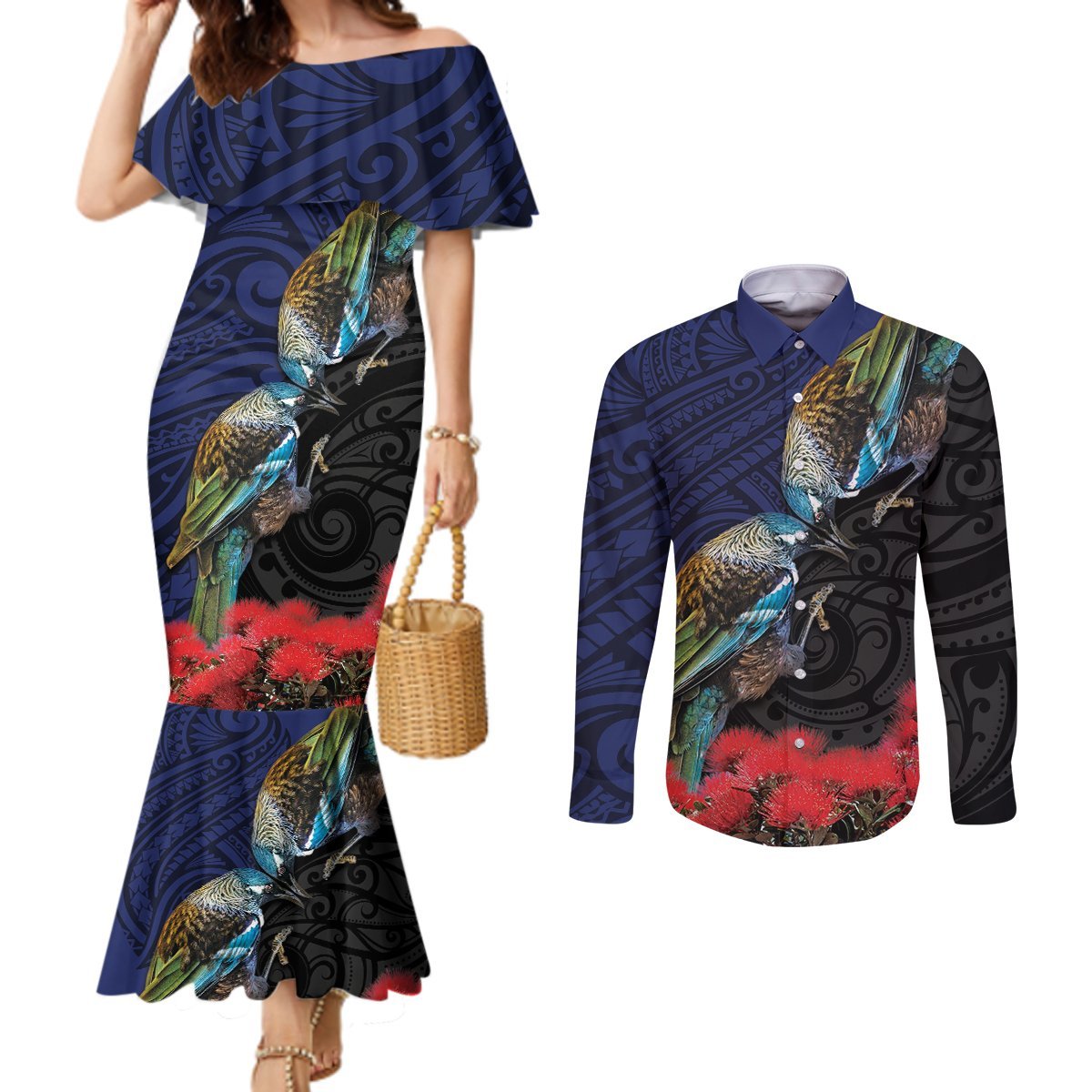 New Zealand Maori Hongi Culture Couples Matching Mermaid Dress and Long Sleeve Button Shirt Tui Bird Pohutukawa and Polynesian Pattern LT03 Blue - Polynesian Pride
