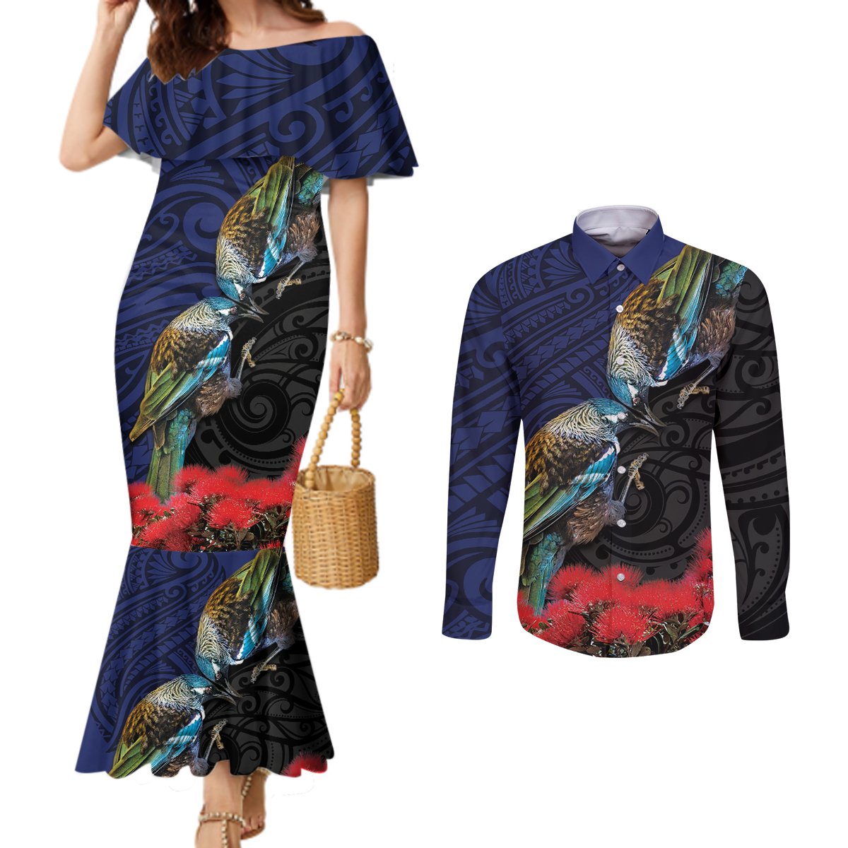 New Zealand Maori Hongi Culture Couples Matching Mermaid Dress and Long Sleeve Button Shirt Tui Bird Pohutukawa and Polynesian Pattern