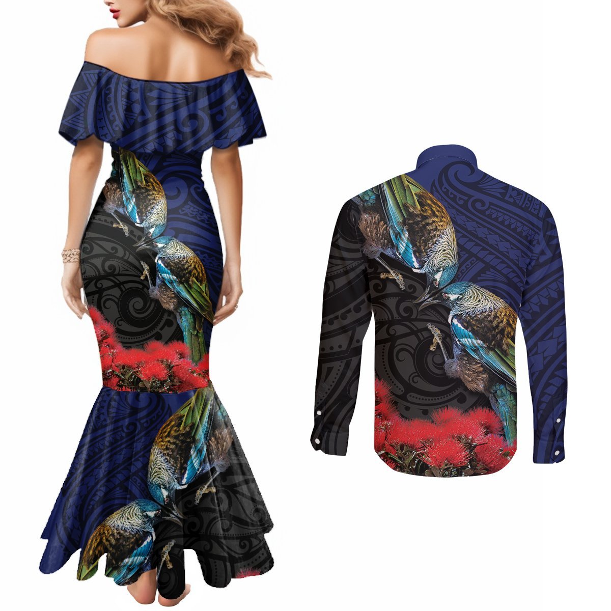 New Zealand Maori Hongi Culture Couples Matching Mermaid Dress and Long Sleeve Button Shirt Tui Bird Pohutukawa and Polynesian Pattern LT03 - Polynesian Pride
