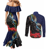 New Zealand Maori Hongi Culture Couples Matching Mermaid Dress and Long Sleeve Button Shirt Tui Bird Pohutukawa and Polynesian Pattern LT03 - Polynesian Pride