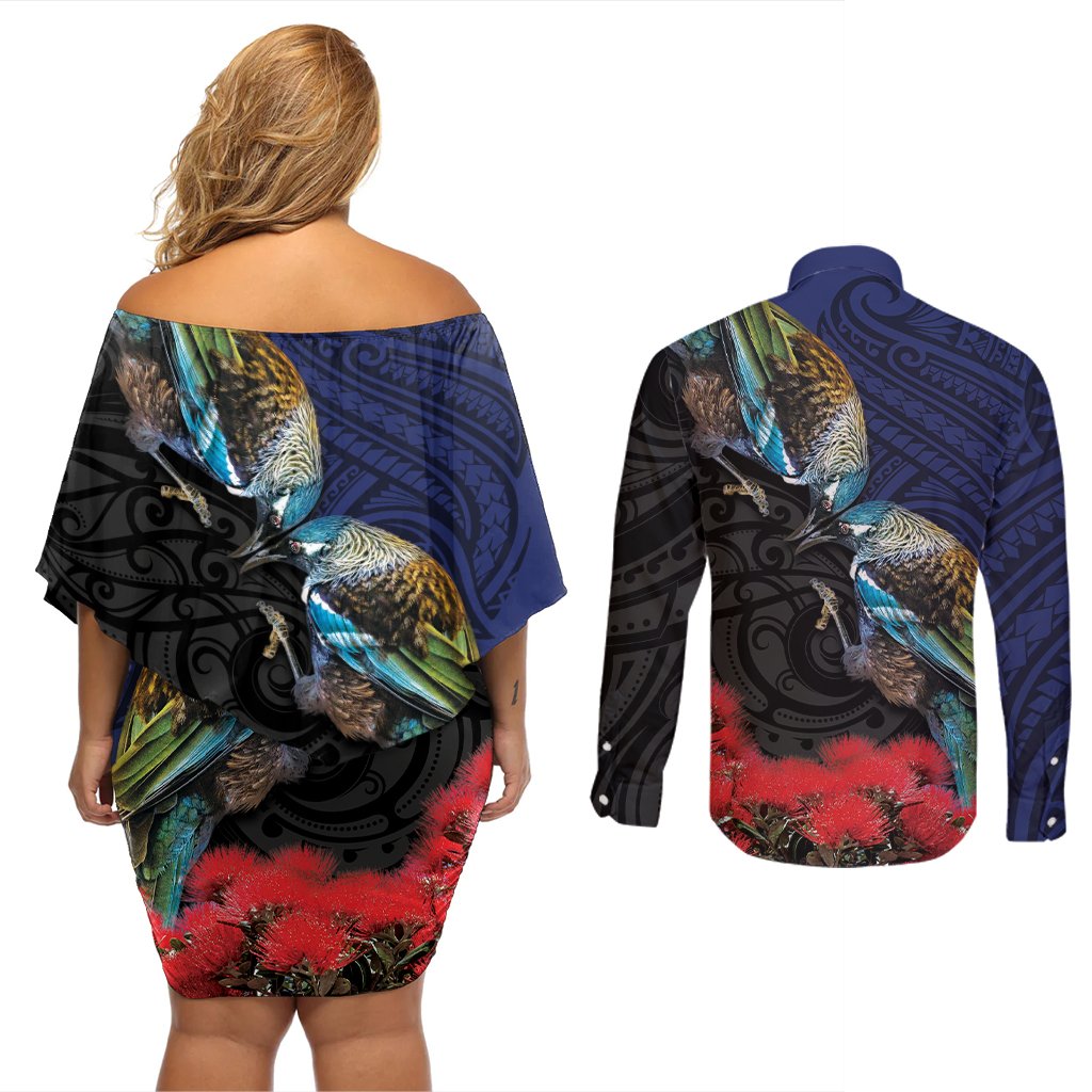 New Zealand Maori Hongi Culture Couples Matching Off Shoulder Short Dress and Long Sleeve Button Shirt Tui Bird Pohutukawa and Polynesian Pattern