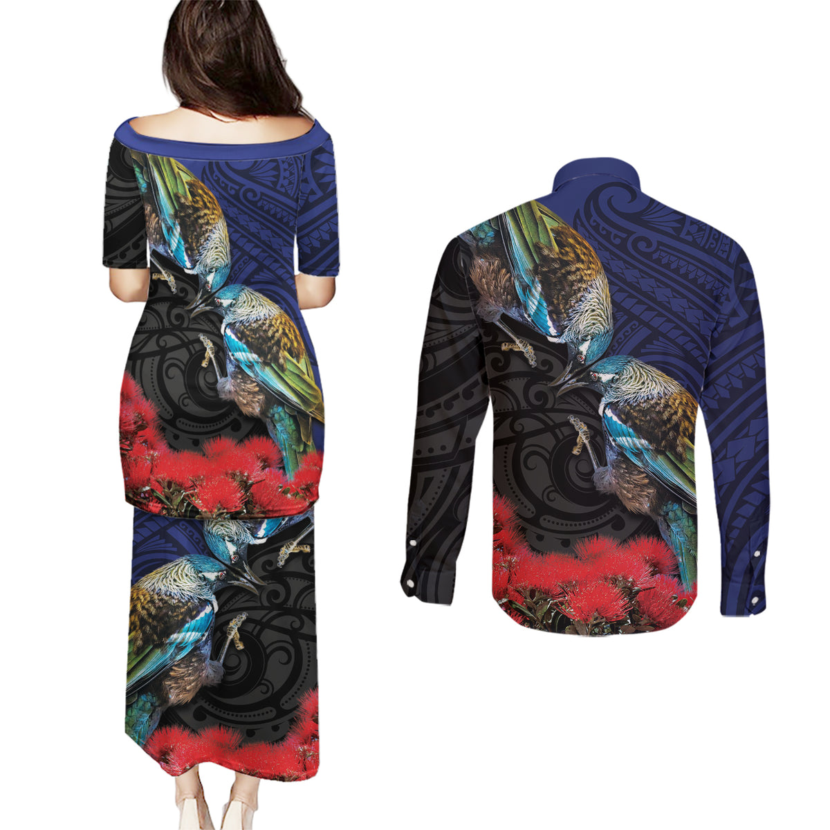New Zealand Maori Hongi Culture Couples Matching Puletasi and Long Sleeve Button Shirt Tui Bird Pohutukawa and Polynesian Pattern