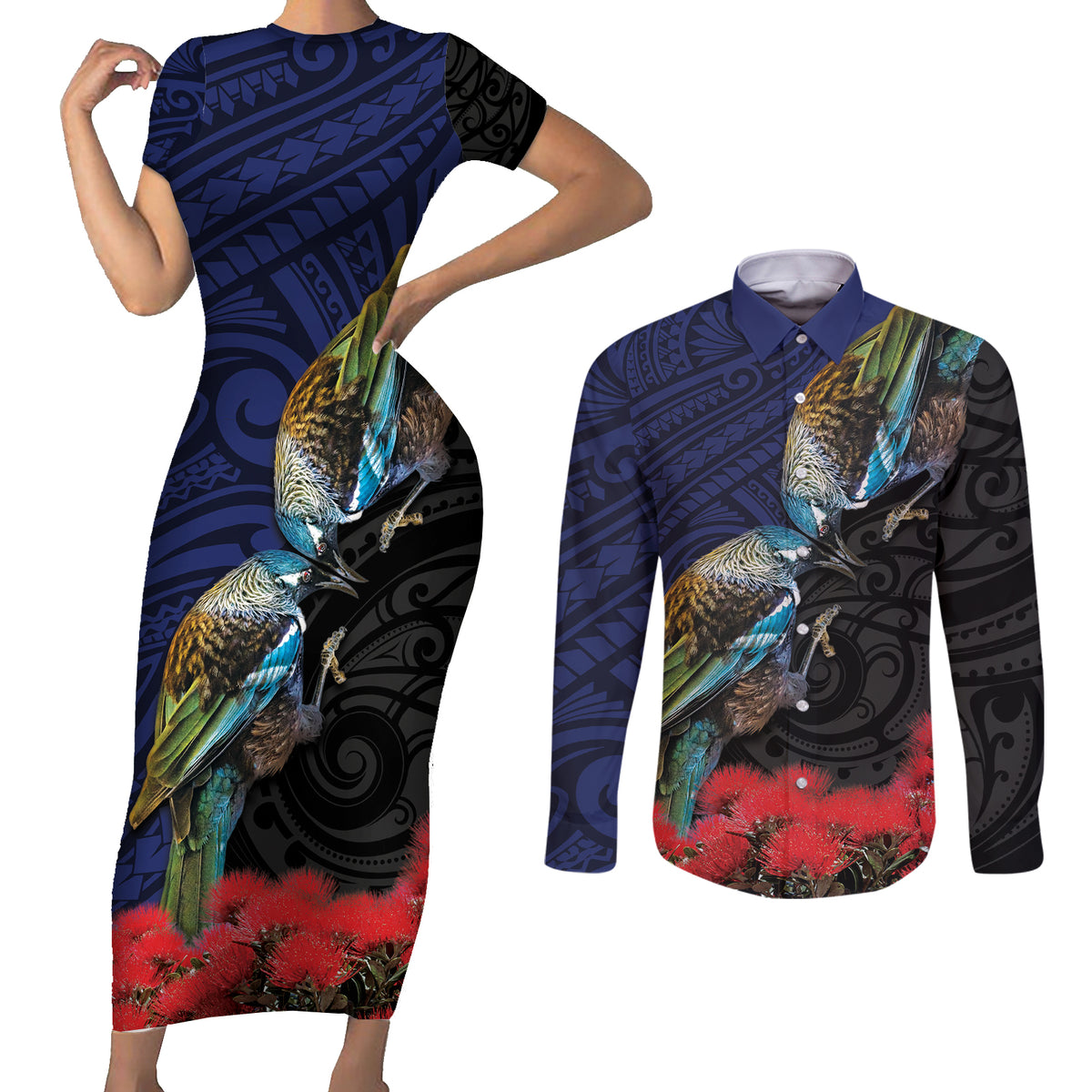New Zealand Maori Hongi Culture Couples Matching Short Sleeve Bodycon Dress and Long Sleeve Button Shirt Tui Bird Pohutukawa and Polynesian Pattern