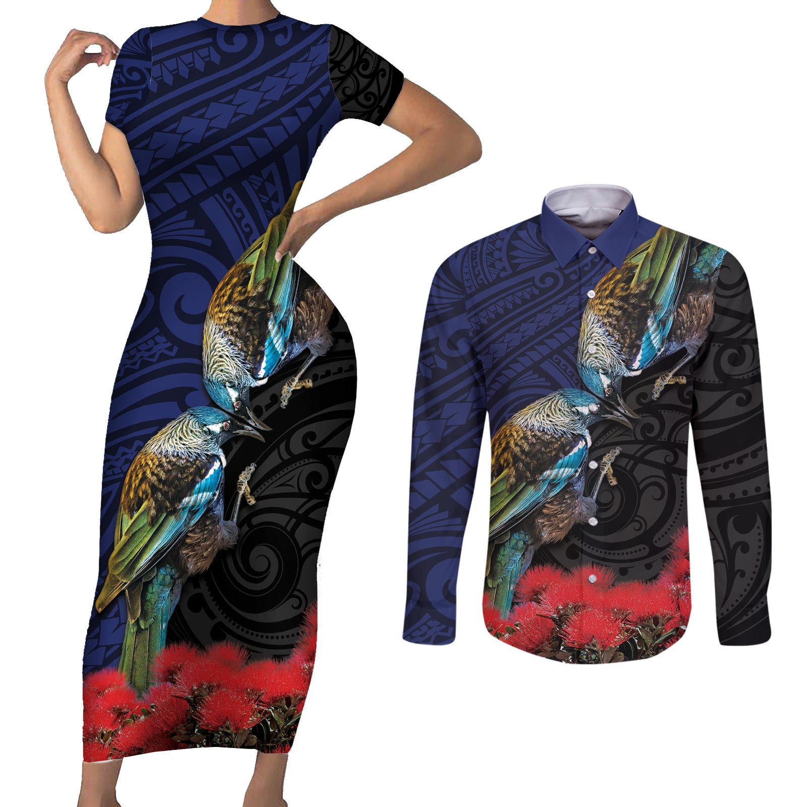 New Zealand Maori Hongi Culture Couples Matching Short Sleeve Bodycon Dress and Long Sleeve Button Shirt Tui Bird Pohutukawa and Polynesian Pattern