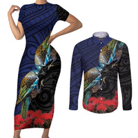 New Zealand Maori Hongi Culture Couples Matching Short Sleeve Bodycon Dress and Long Sleeve Button Shirt Tui Bird Pohutukawa and Polynesian Pattern