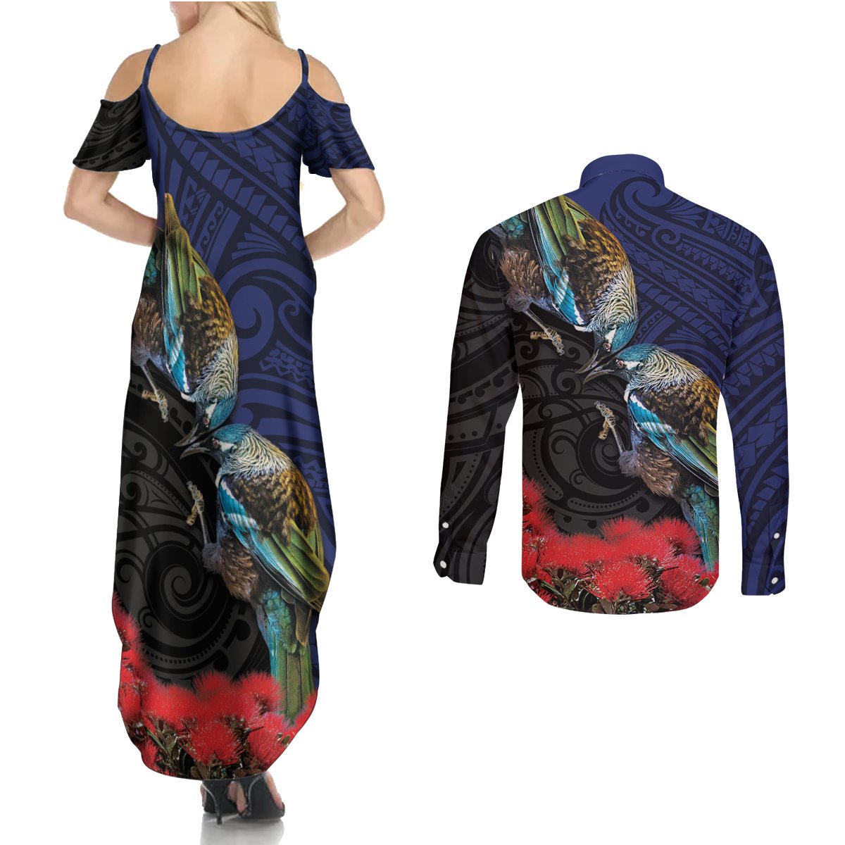 New Zealand Maori Hongi Culture Couples Matching Summer Maxi Dress and Long Sleeve Button Shirt Tui Bird Pohutukawa and Polynesian Pattern