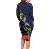 New Zealand Maori Hongi Culture Family Matching Long Sleeve Bodycon Dress and Hawaiian Shirt Tui Bird Pohutukawa and Polynesian Pattern