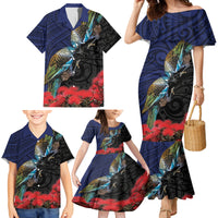 New Zealand Maori Hongi Culture Family Matching Mermaid Dress and Hawaiian Shirt Tui Bird Pohutukawa and Polynesian Pattern