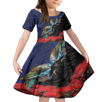 New Zealand Maori Hongi Culture Family Matching Off Shoulder Short Dress and Hawaiian Shirt Tui Bird Pohutukawa and Polynesian Pattern