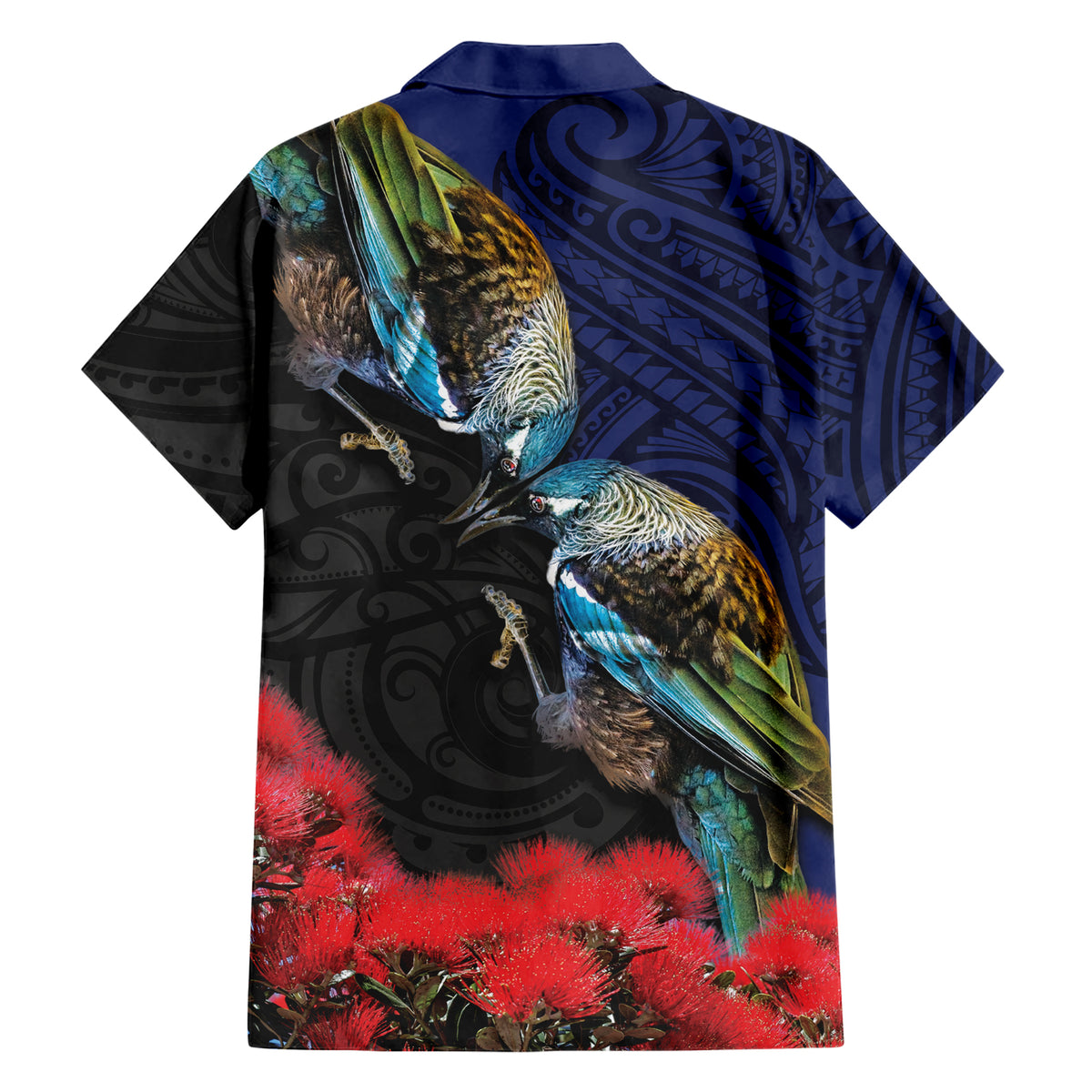 New Zealand Maori Hongi Culture Family Matching Short Sleeve Bodycon Dress and Hawaiian Shirt Tui Bird Pohutukawa and Polynesian Pattern