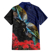 New Zealand Maori Hongi Culture Family Matching Short Sleeve Bodycon Dress and Hawaiian Shirt Tui Bird Pohutukawa and Polynesian Pattern