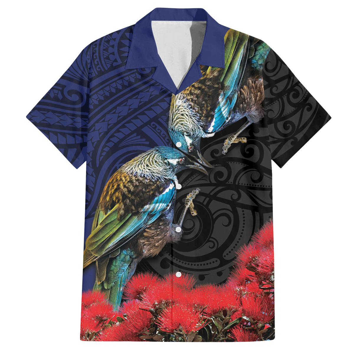 New Zealand Maori Hongi Culture Family Matching Tank Maxi Dress and Hawaiian Shirt Tui Bird Pohutukawa and Polynesian Pattern