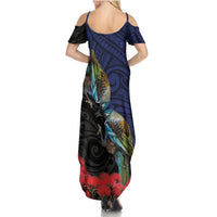 New Zealand Maori Hongi Culture Summer Maxi Dress Tui Bird Pohutukawa and Polynesian Pattern