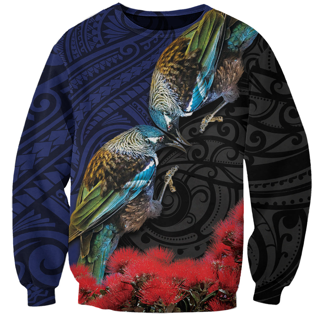 New Zealand Maori Hongi Culture Sweatshirt Tui Bird Pohutukawa and Polynesian Pattern