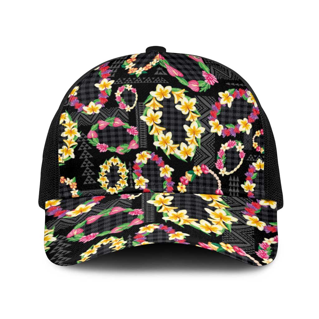 Hawaiian Kakau Tattoo Leis and Palaka Pattern Baseball Net Cap Traditional Aloha Tribal Black Color