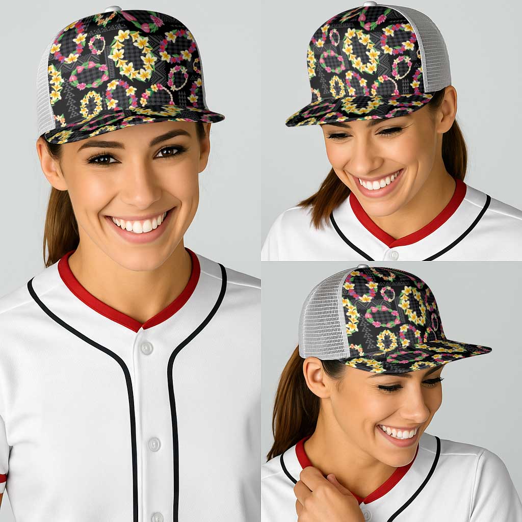 Hawaiian Kakau Tattoo Leis and Palaka Pattern Baseball Net Cap Traditional Aloha Tribal Black Color