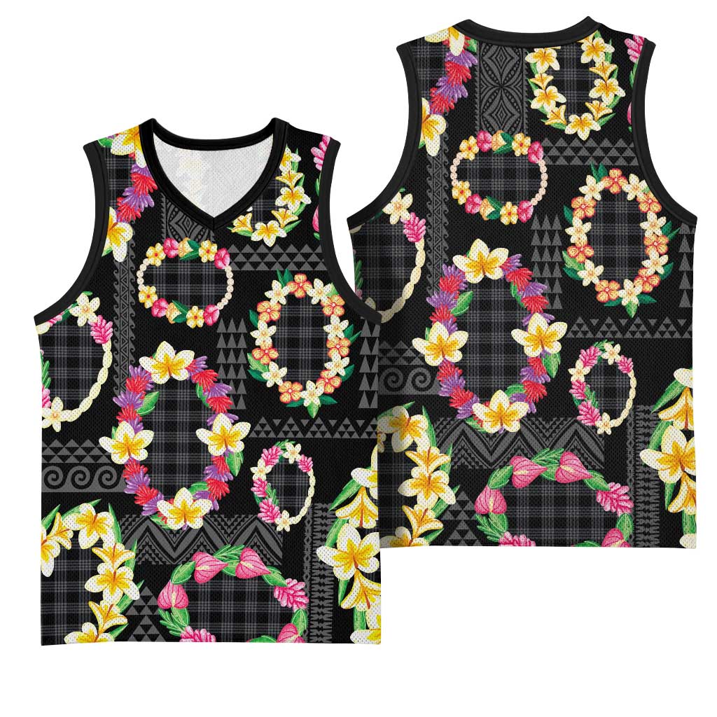 Hawaiian Kakau Tattoo Leis and Palaka Pattern Basketball Jersey Traditional Aloha Tribal Black Color
