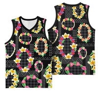 Hawaiian Kakau Tattoo Leis and Palaka Pattern Basketball Jersey Traditional Aloha Tribal Black Color