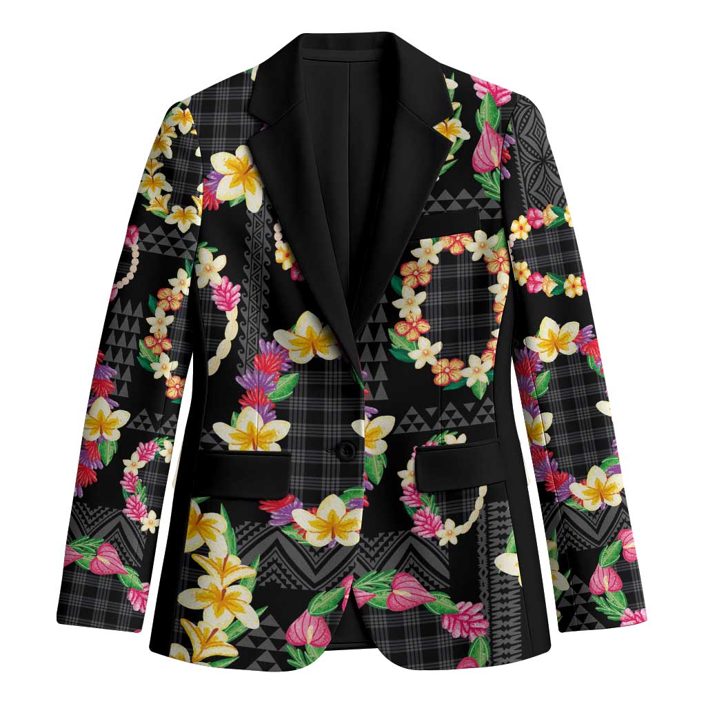 Hawaiian Kakau Tattoo Leis and Palaka Pattern Blazer Traditional Aloha Tribal Black Color