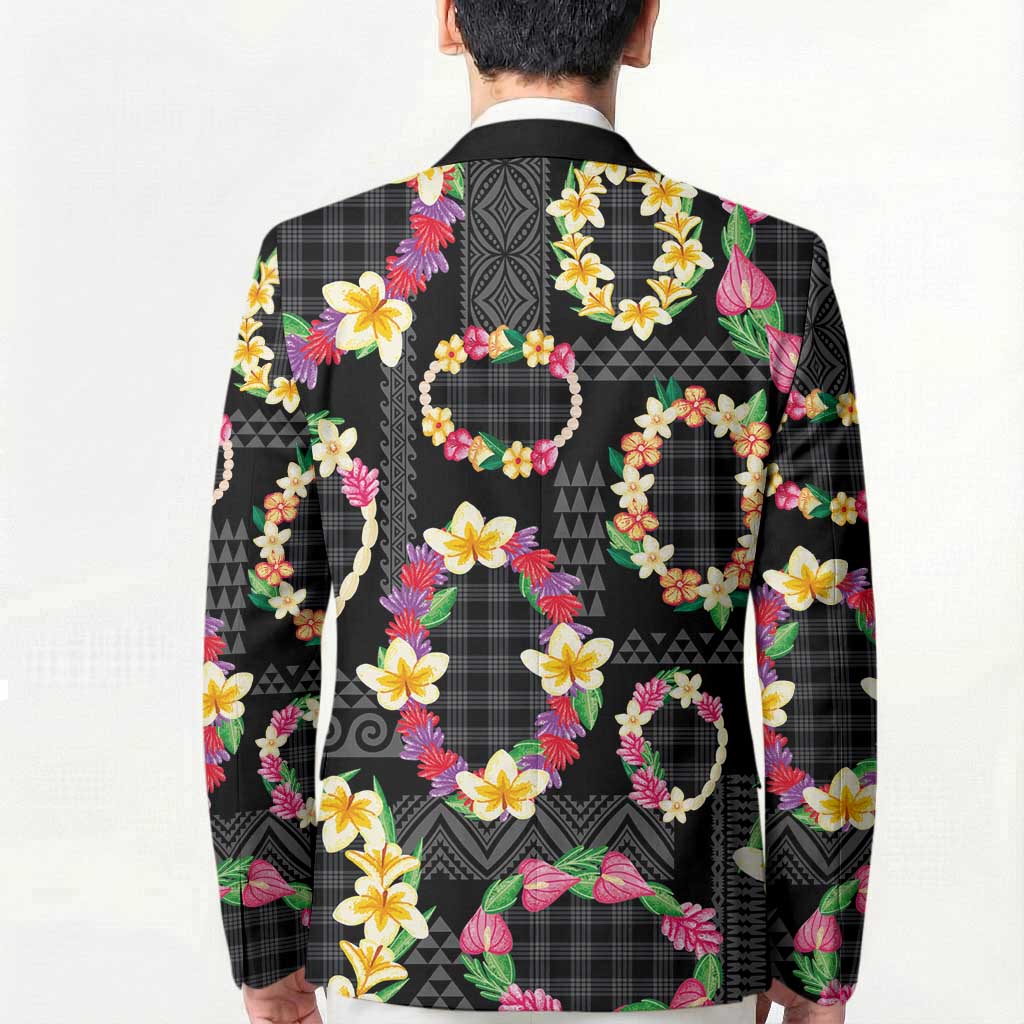 Hawaiian Kakau Tattoo Leis and Palaka Pattern Blazer Traditional Aloha Tribal Black Color