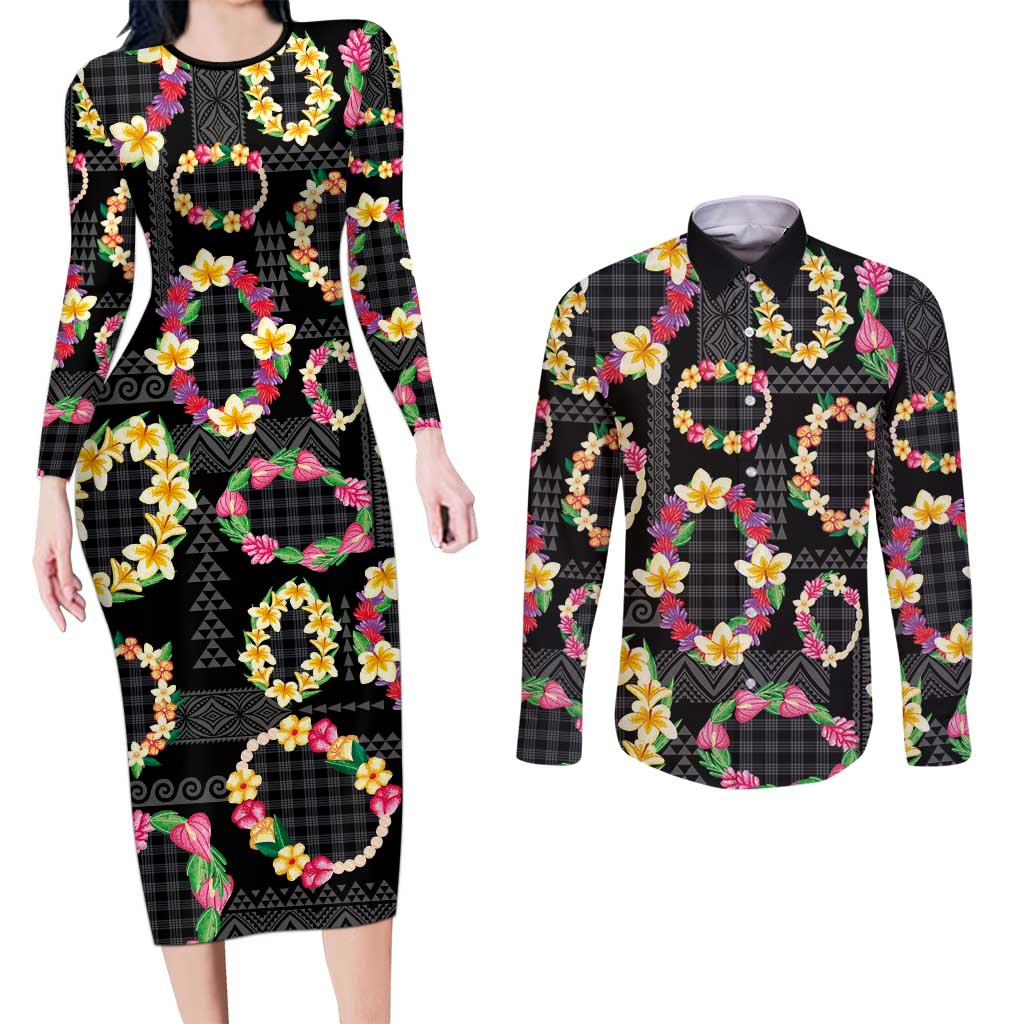 Hawaiian Kakau Tattoo Leis and Palaka Pattern Couples Matching Long Sleeve Bodycon Dress and Long Sleeve Button Shirt Traditional Aloha Tribal Black Color
