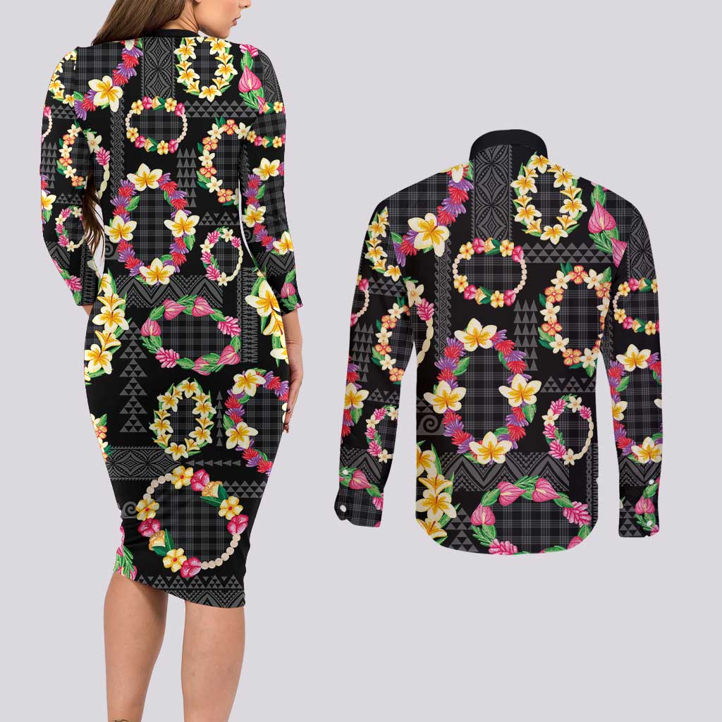 Hawaiian Kakau Tattoo Leis and Palaka Pattern Couples Matching Long Sleeve Bodycon Dress and Long Sleeve Button Shirt Traditional Aloha Tribal Black Color