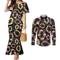 Hawaiian Kakau Tattoo Leis and Palaka Pattern Couples Matching Mermaid Dress and Long Sleeve Button Shirt Traditional Aloha Tribal Black Color LT03 Black - Polynesian Pride