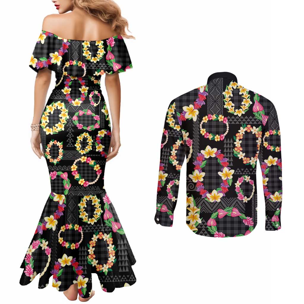 Hawaiian Kakau Tattoo Leis and Palaka Pattern Couples Matching Mermaid Dress and Long Sleeve Button Shirt Traditional Aloha Tribal Black Color LT03 - Polynesian Pride